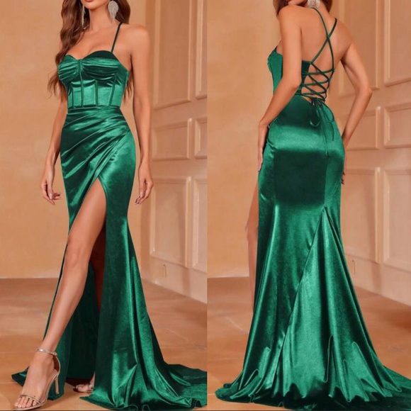 Feather Trim Mermaid Hem Satin Cami Party Dress